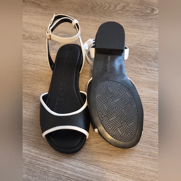 Karl Lagerfeld Black and White Ankle-Strap Open-Toe Sandals - Picture 4 of 5